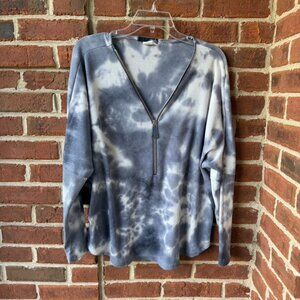 Ariella Women's Shirt Top Gray Blue White 3/4 Zip Knit Dolman Sleeves Sz L